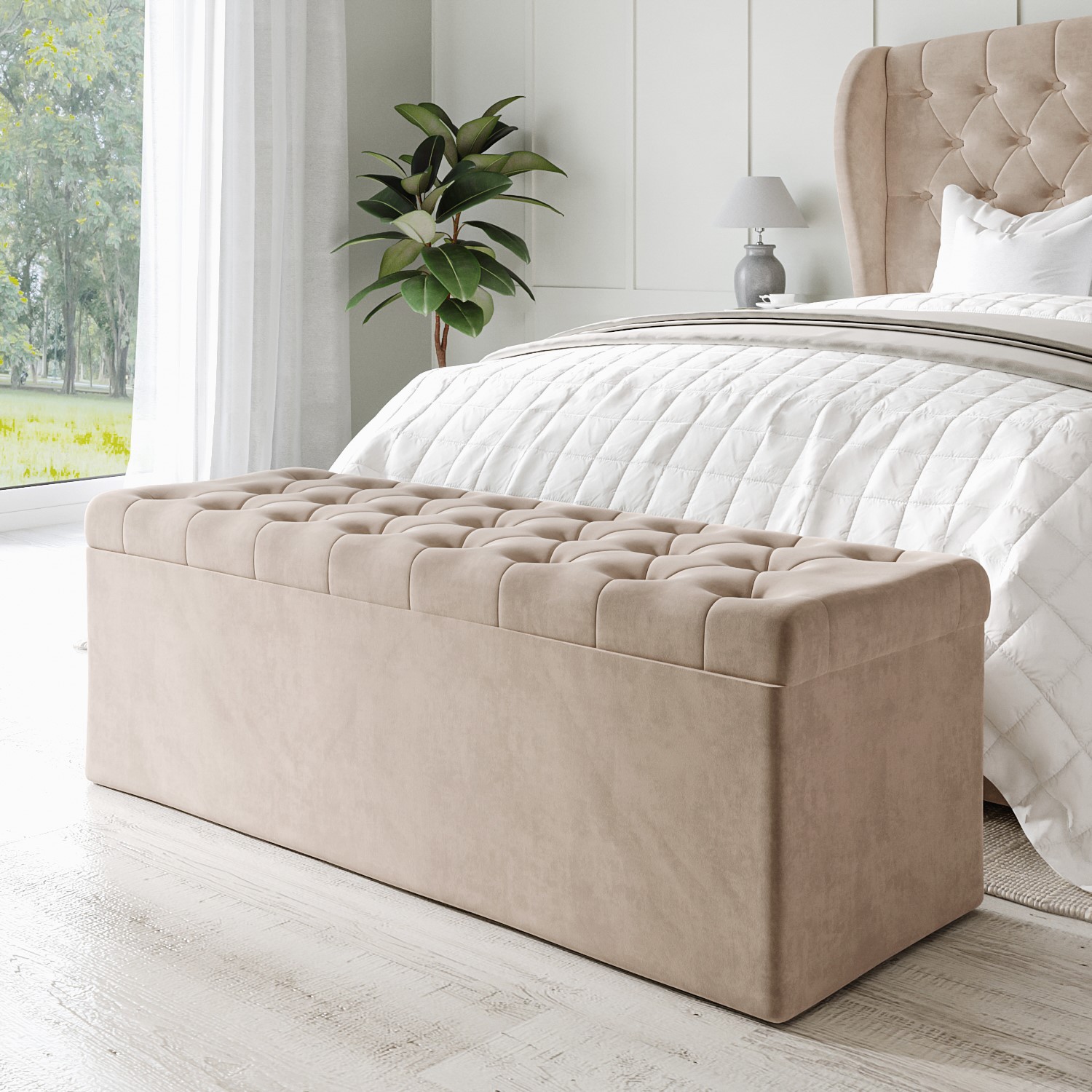 Read more about Beige velvet king size ottoman bed with blanket box safina